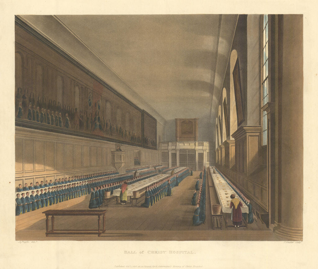 Hall of Christ's Hospital School. Ackermann's schools 1816 old antique print